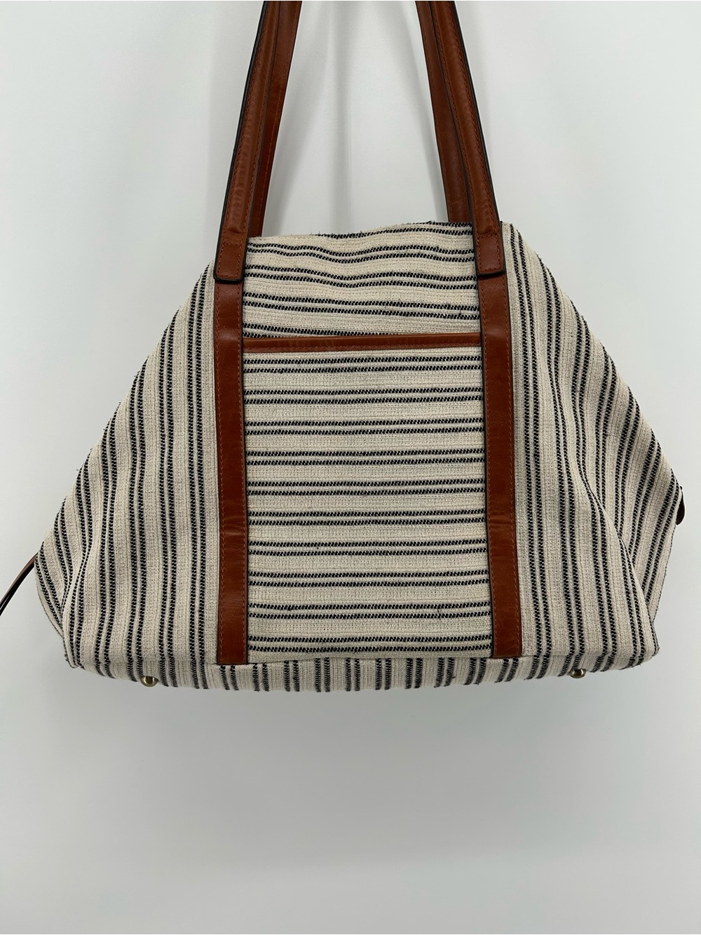 Street Level Black & Ivory Striped Canvas Tote with Brown Leather Handles